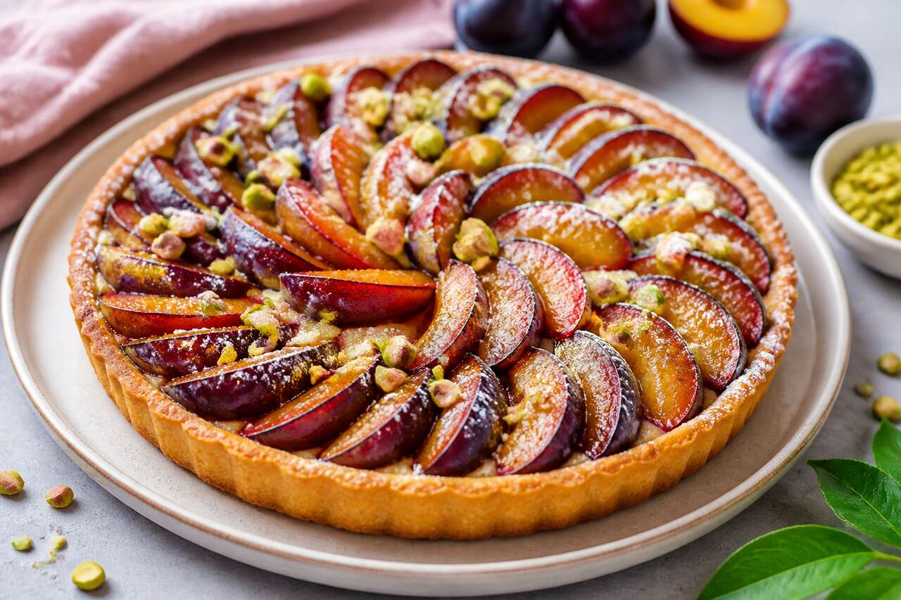 Tarte aux prunes et pistaches : recette gourmande