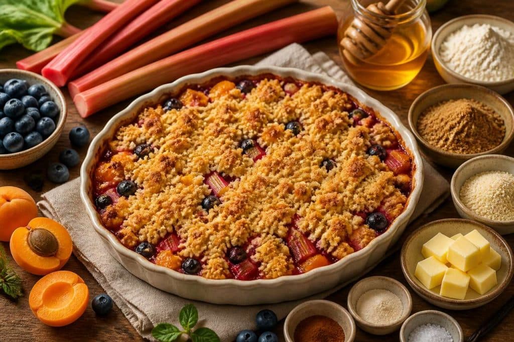 Crumble au miel, rhubarbe, myrtille et abricot : recette gourmande