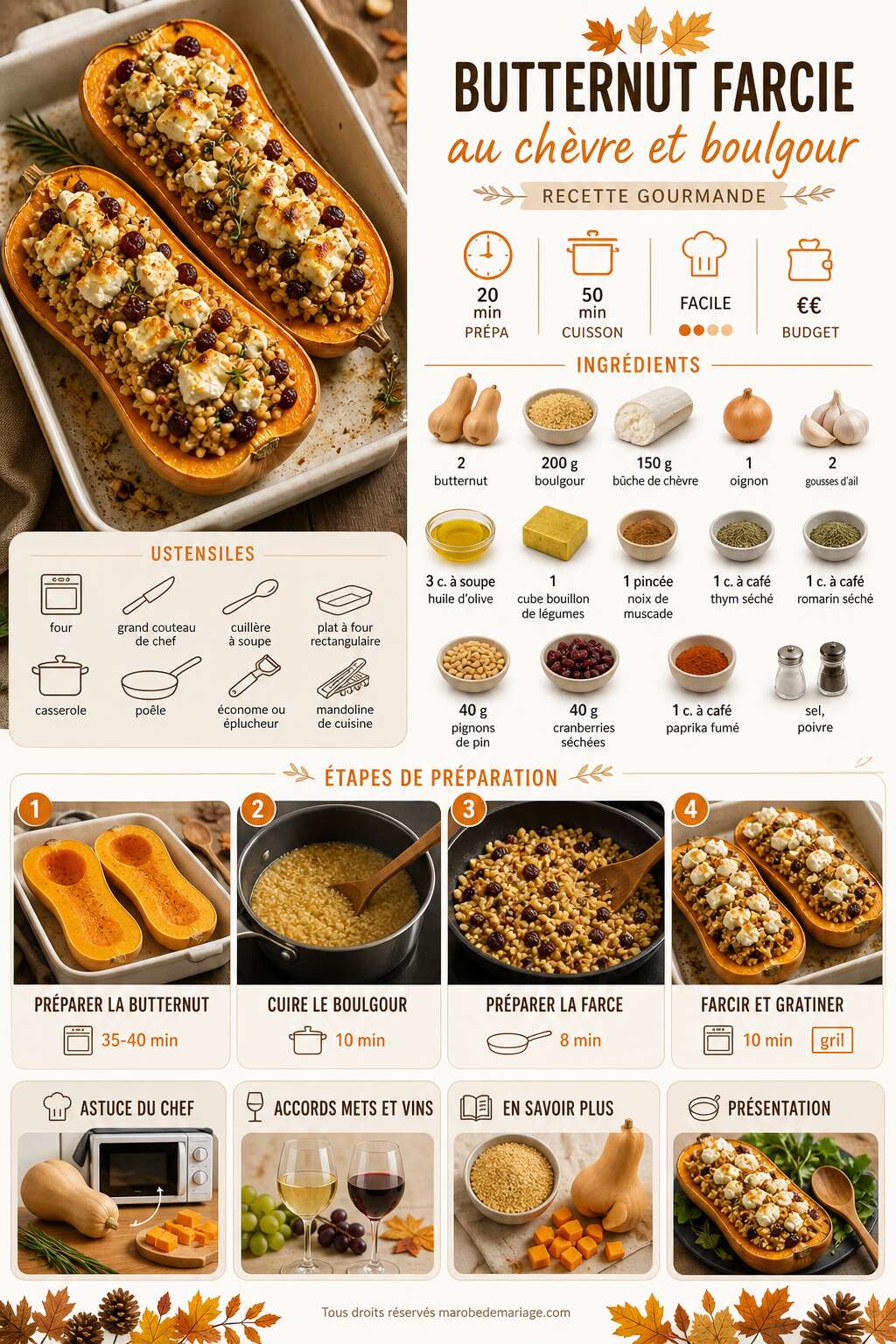 Fiche recette Butternut farcie au chèvre et boulgour : recette gourmande Fiche recette Butternut farcie au chèvre et boulgour : recette gourmande