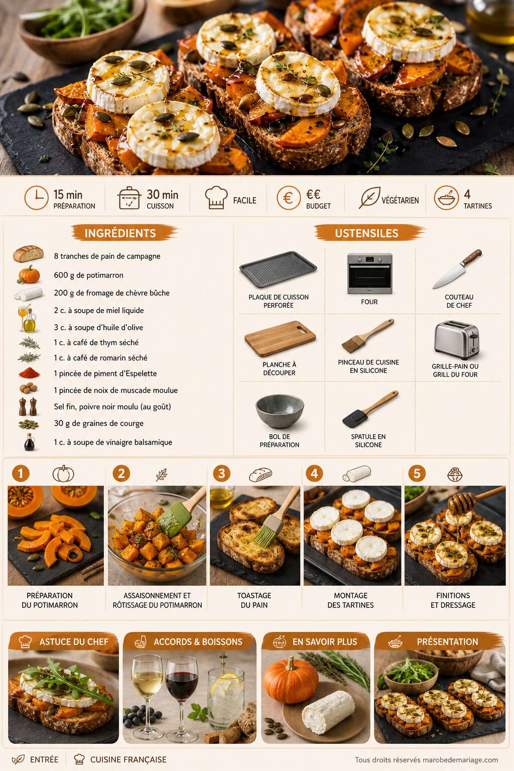 Fiche recette Tartine au chèvre et potimarron rôti : recette savoureuse Fiche recette Tartine au chèvre et potimarron rôti : recette savoureuse