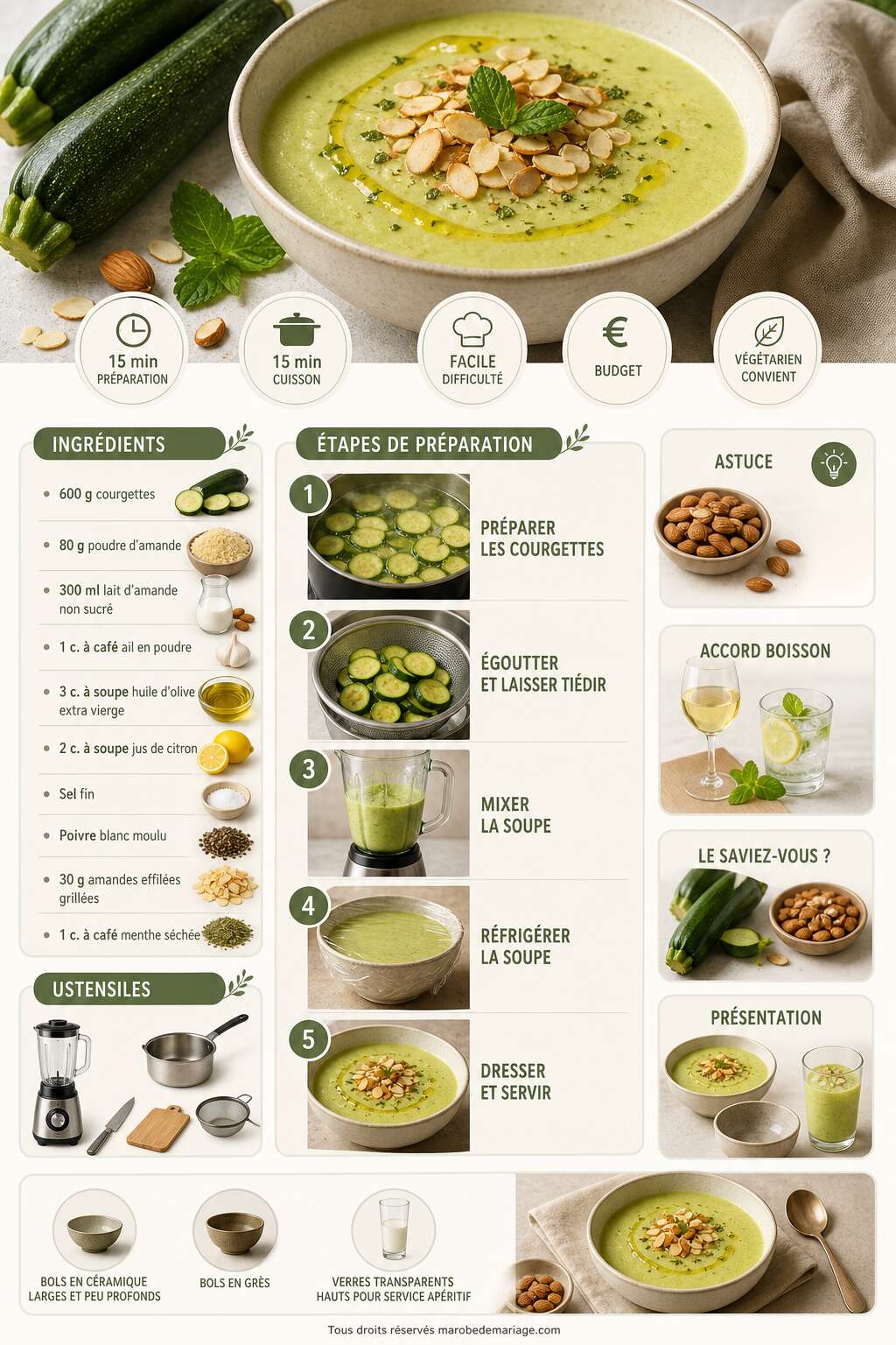 Fiche recette Soupe froide amande et courgette : recette savoureuse et légère Fiche recette Soupe froide amande et courgette : recette savoureuse et légère