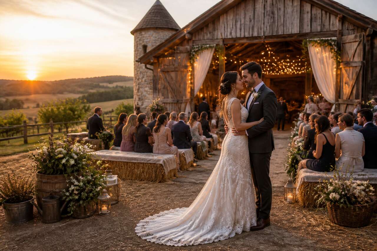Mariage champĂȘtre dans une ferme fortifiĂ©e