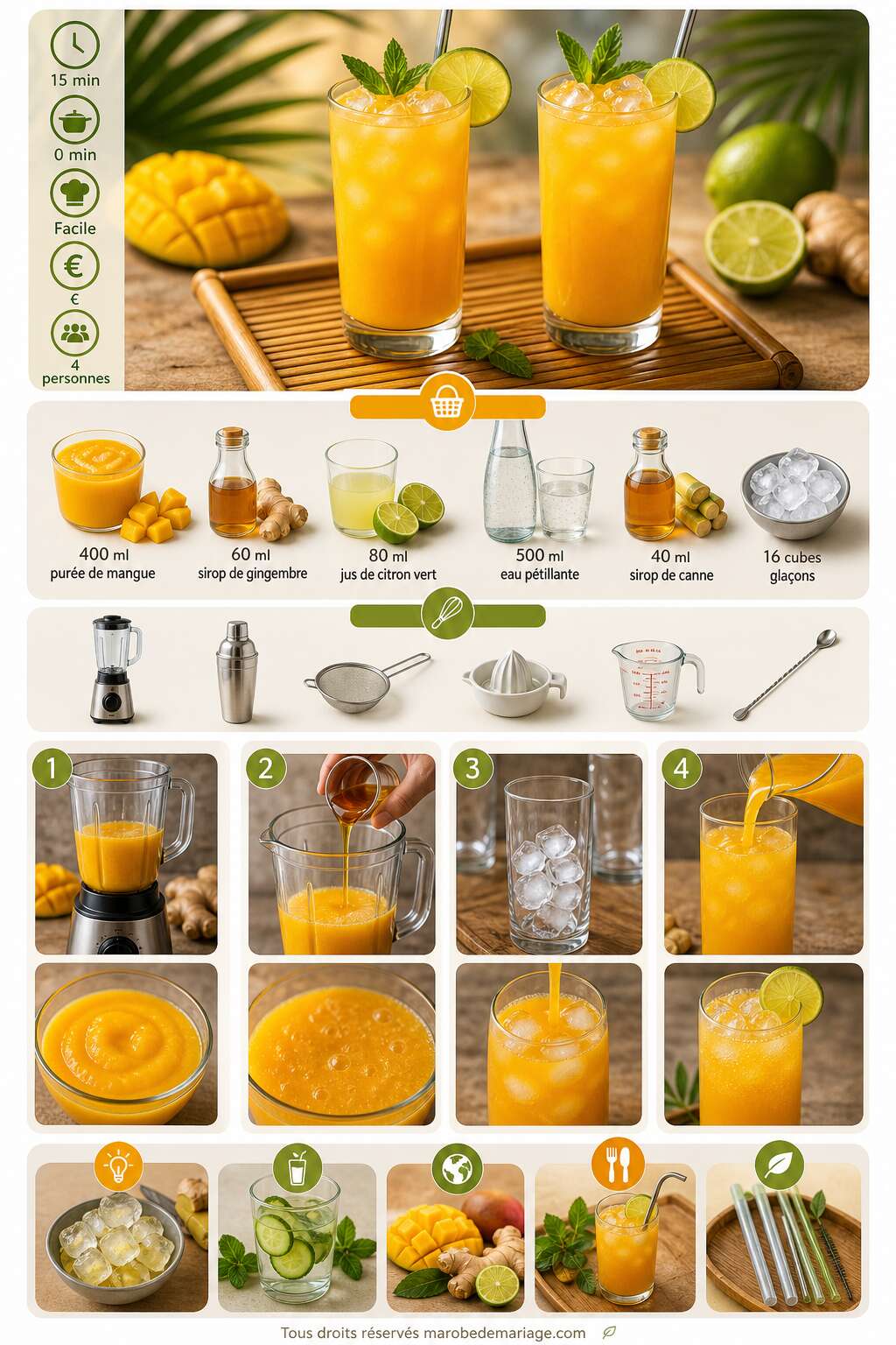 Fiche recette Mocktail mangue, gingembre et citron vert : recette rafraîchissante Fiche recette Mocktail mangue, gingembre et citron vert : recette rafraîchissante