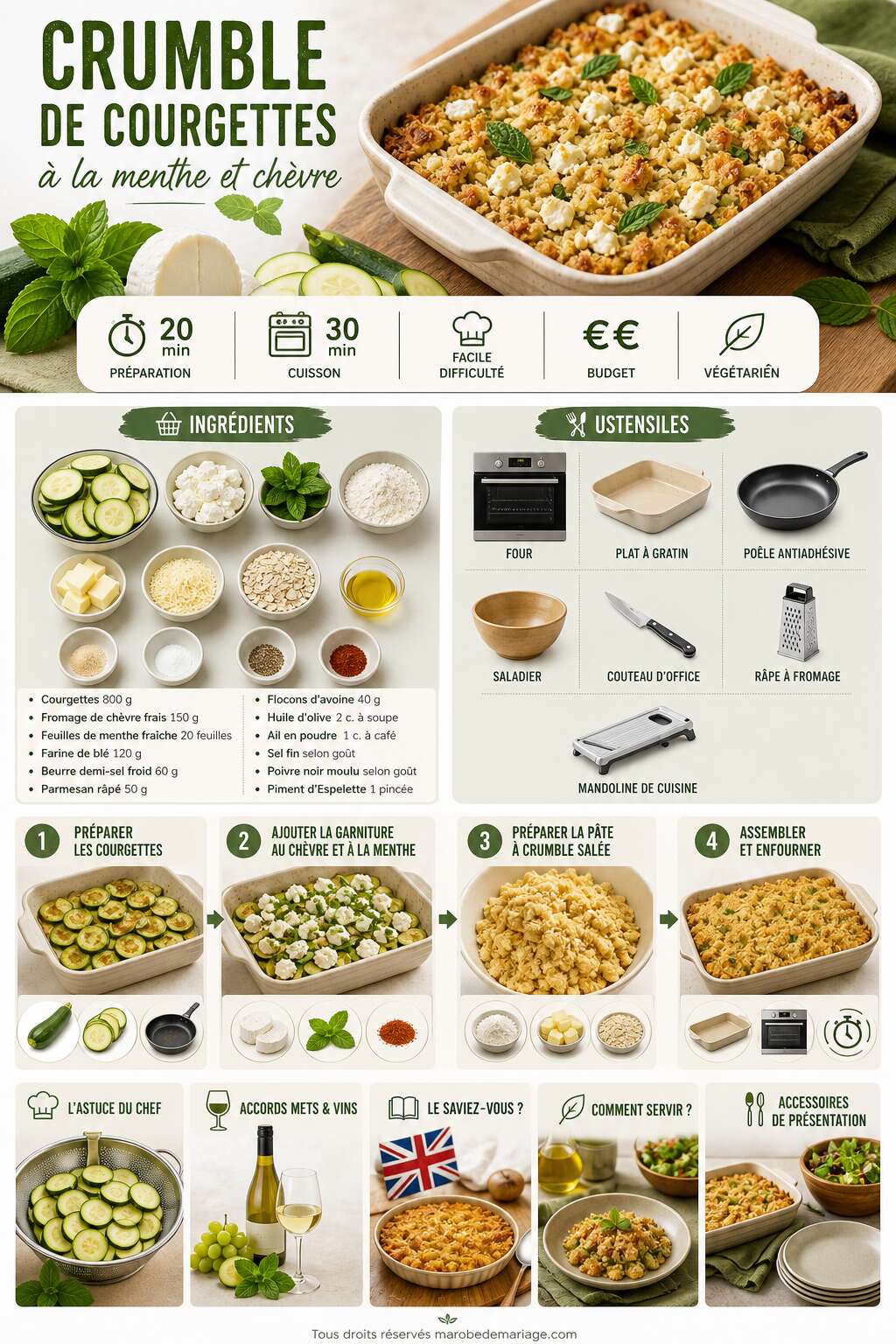 Fiche recette Crumble de courgettes à la menthe et chèvre : recette savoureuse Fiche recette Crumble de courgettes à la menthe et chèvre : recette savoureuse
