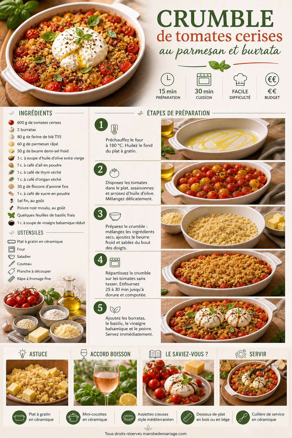 Fiche recette Crumble de tomates cerises : recette au parmesan et burrata Fiche recette Crumble de tomates cerises : recette au parmesan et burrata