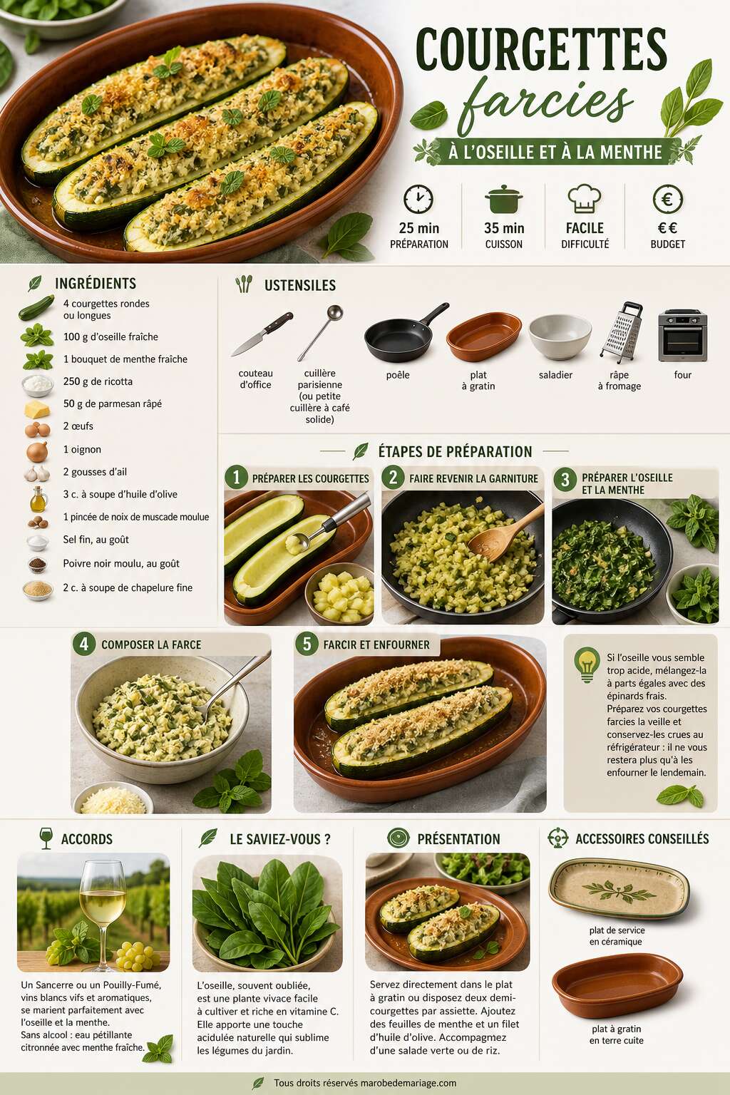 Fiche recette Courgettes farcies à l'oseille et à la menthe : recette végétarienne savoureuse Fiche recette Courgettes farcies à l'oseille et à la menthe : recette végétarienne savoureuse