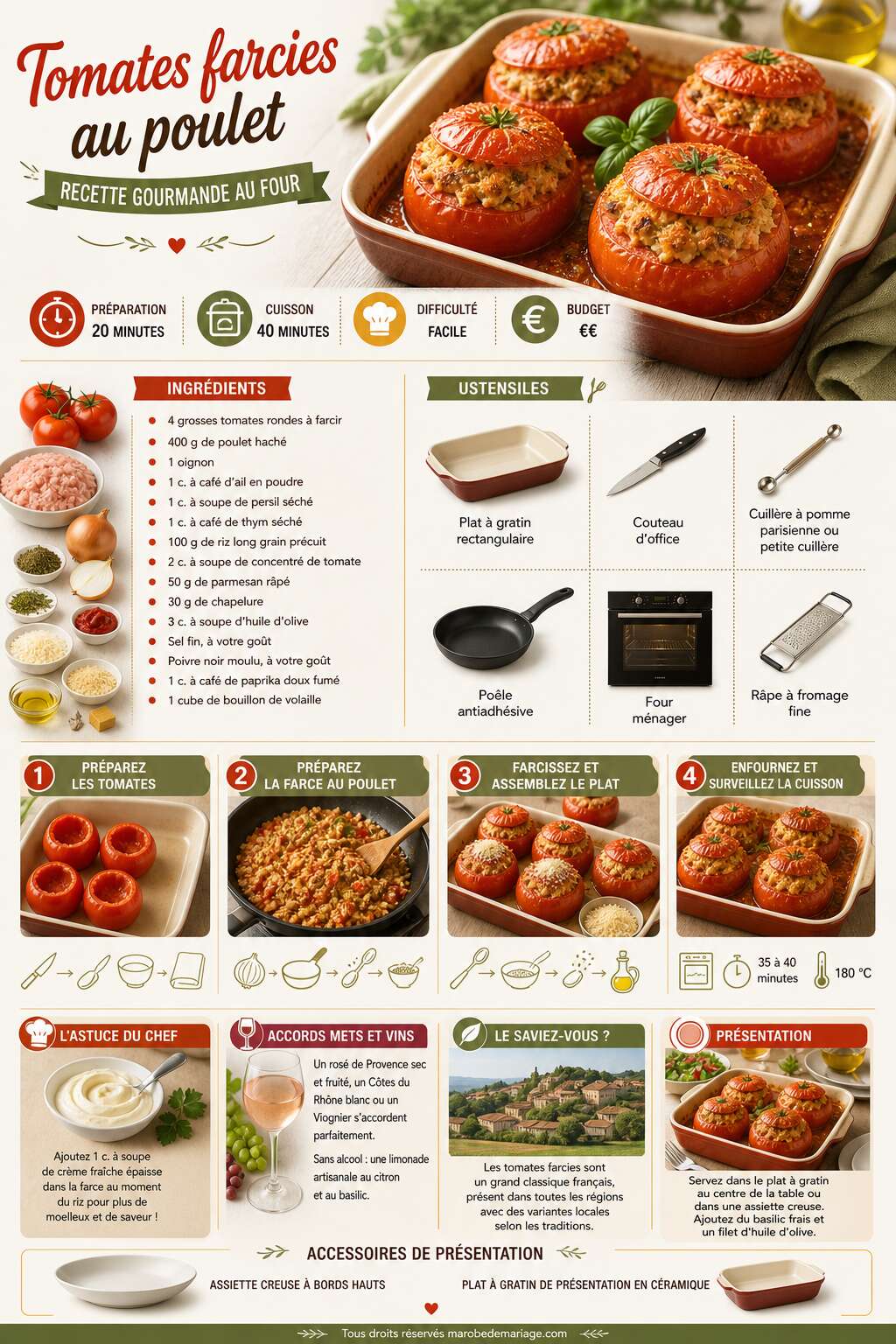 Fiche recette Tomates farcies au poulet : recette gourmande au four Fiche recette Tomates farcies au poulet : recette gourmande au four